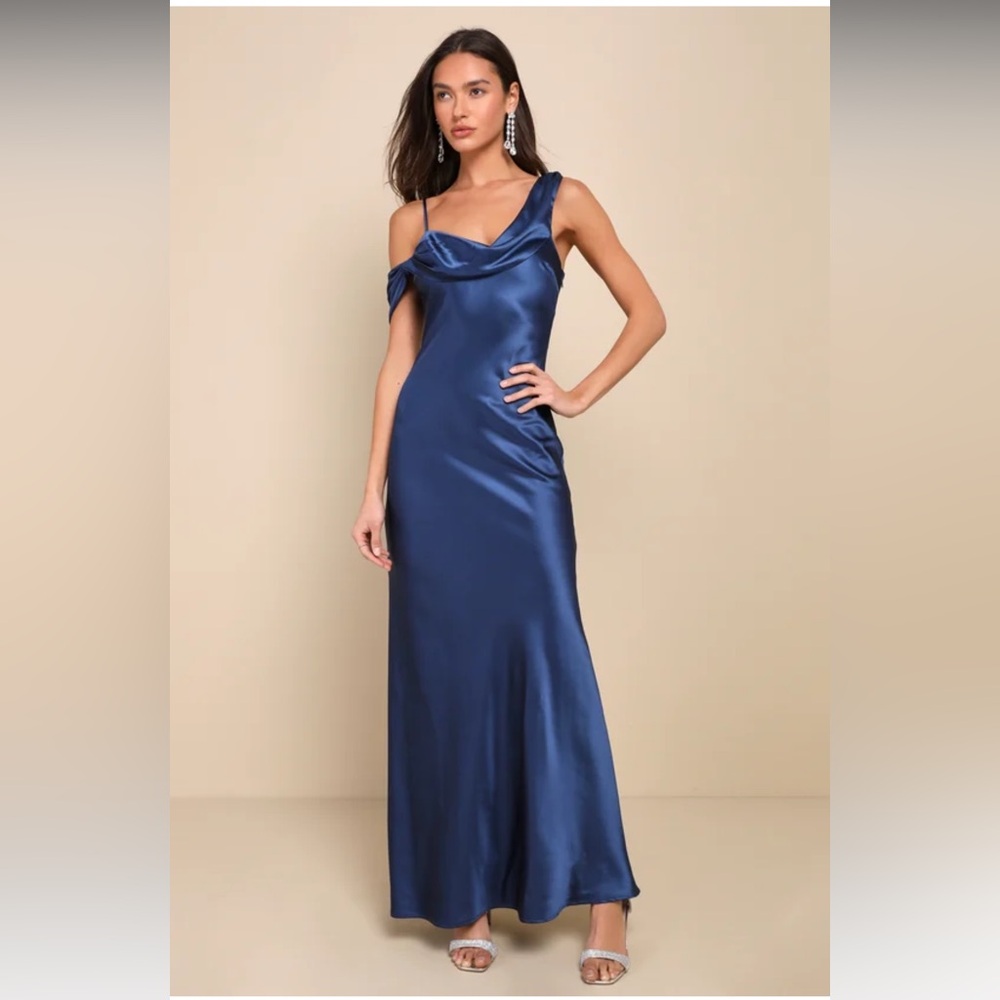 Lulus Elevated Romance Navy Blue Satin Asymmetrical Maxi Slip Dress